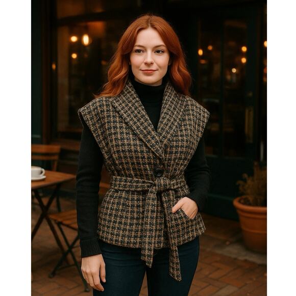 Millard Fillmore Tweed Wrap Vest Jacket Lined Belted Boho Retro Size Large - Picture 1 of 11